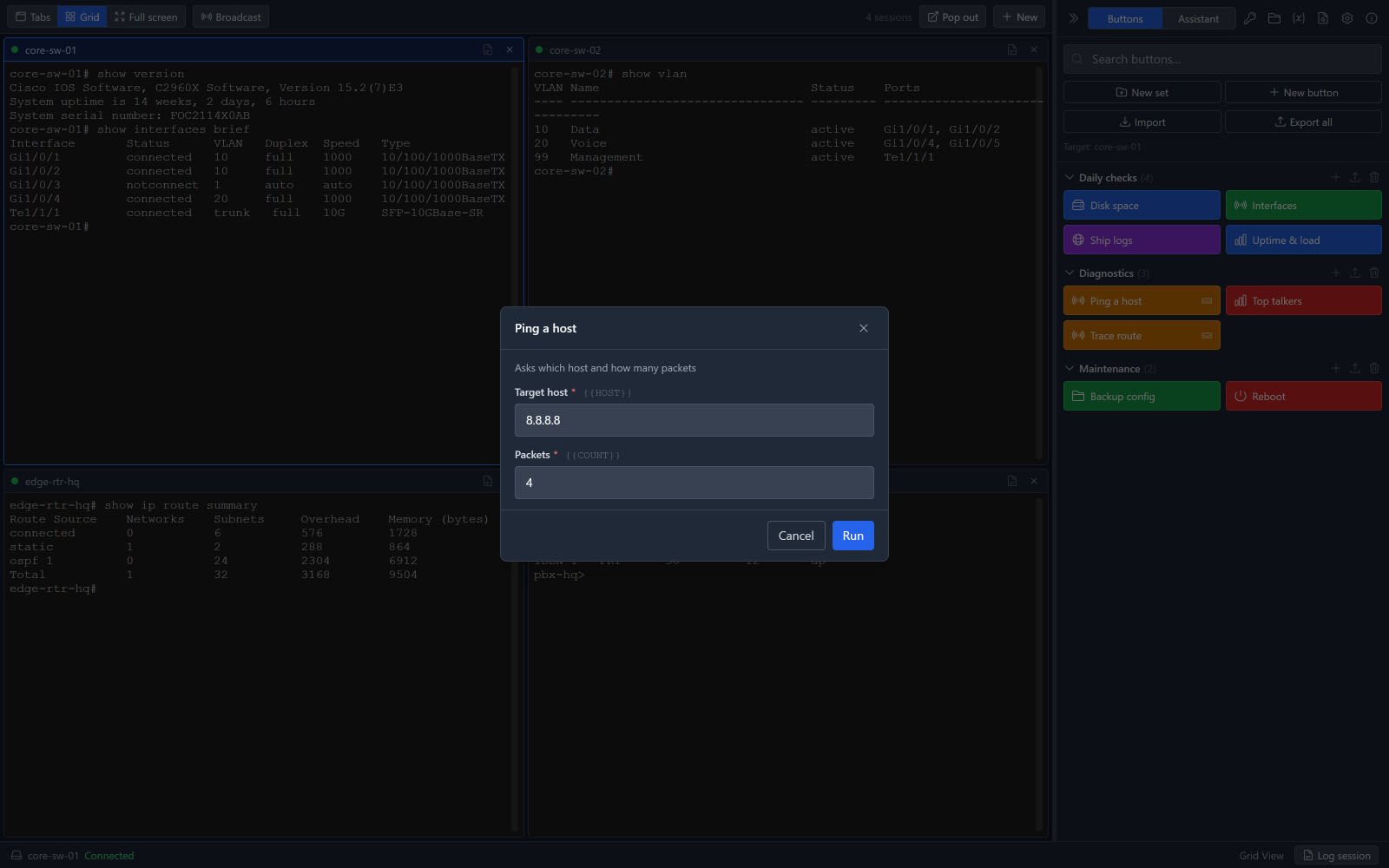 A button paused mid-run, asking for input: a dialog with fields for a host and a count, each labelled with the placeholder its answer will fill.