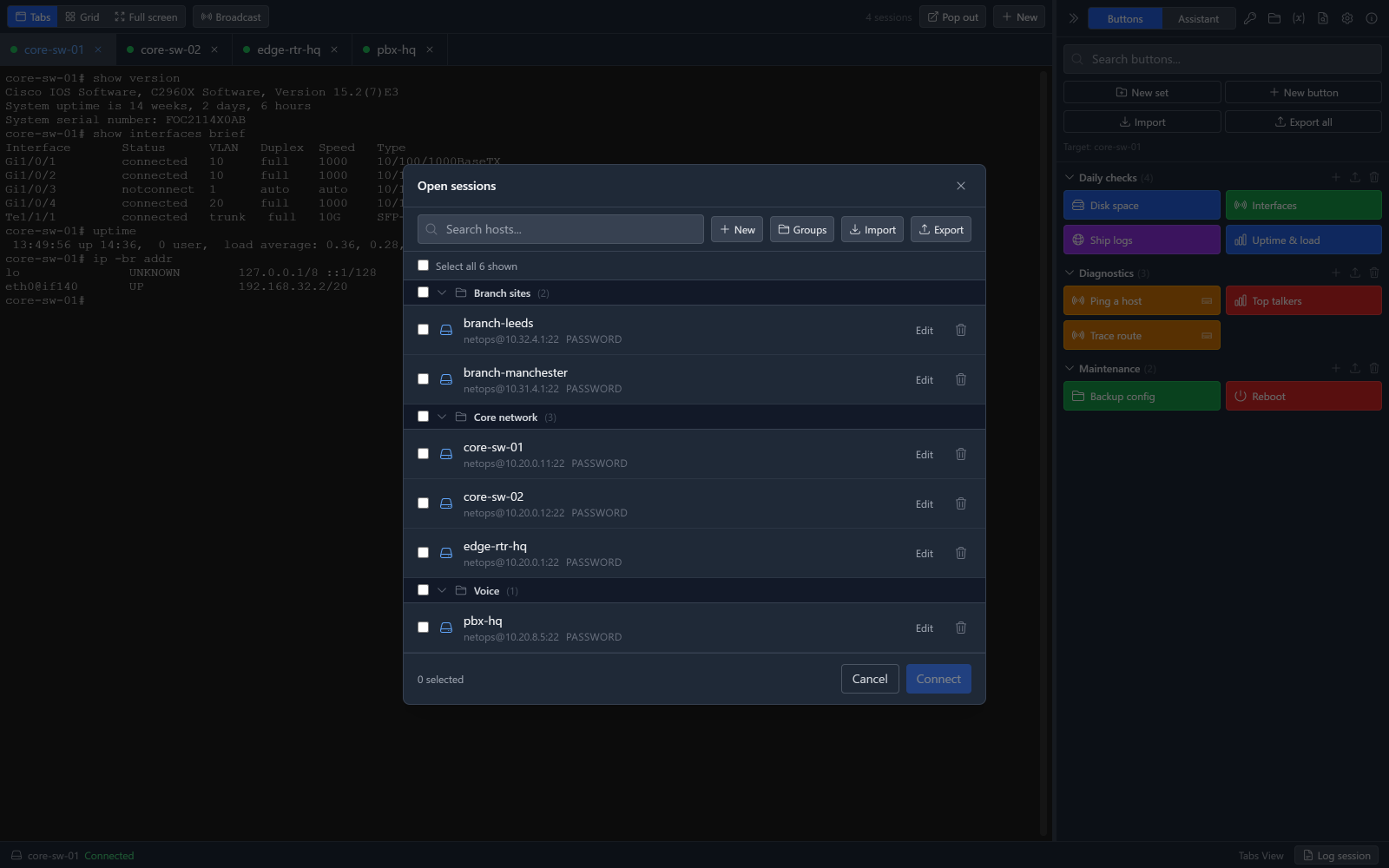 The connection picker, with saved hosts grouped into folders named Core network, Branch sites and Voice, each row showing its address and transport.